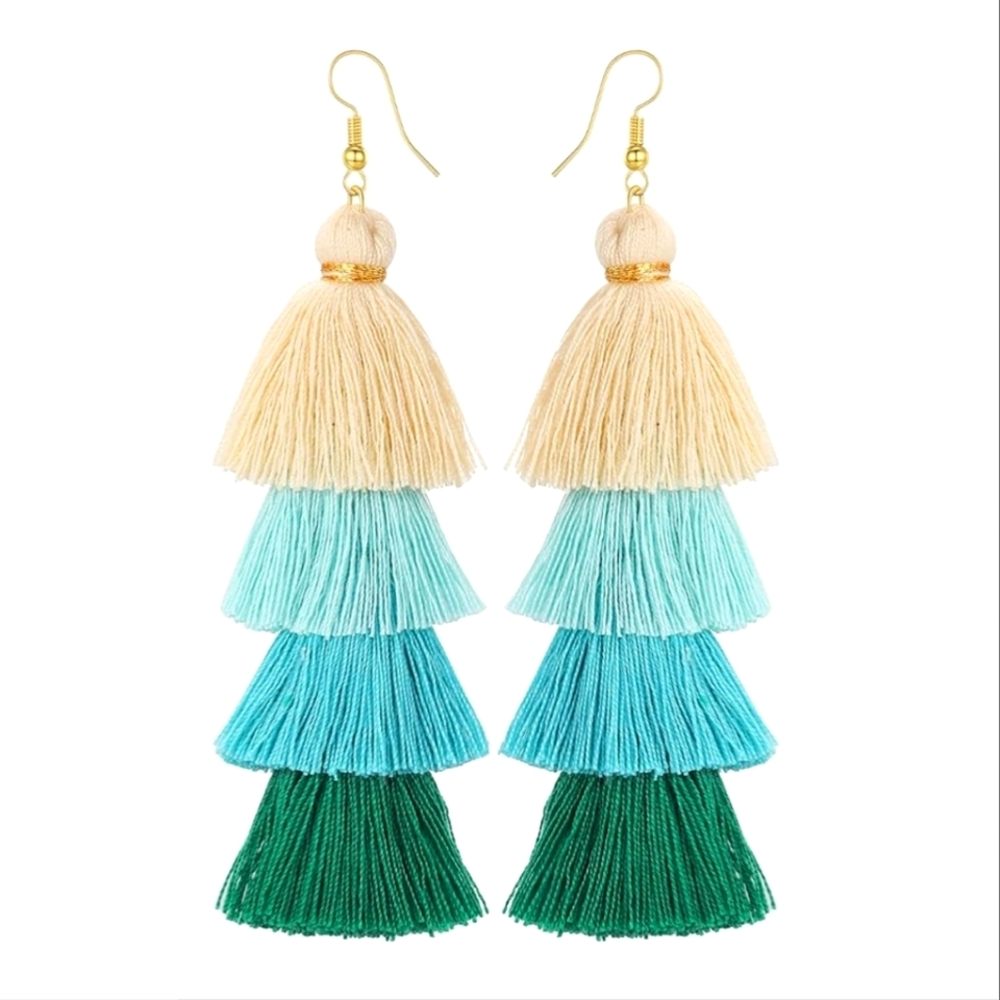🆕 Colorful Beige Blue Green Layered Long Dangle Fringe Tassel Earrings